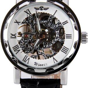 Unisex Black Leather Stylish White Skeleton Dial Hand-Wind Up Mechanical Casual